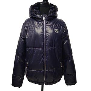 True Religion Womens Purple Long Sleeve Hooded Quilted Puffer Jacket Size Medium